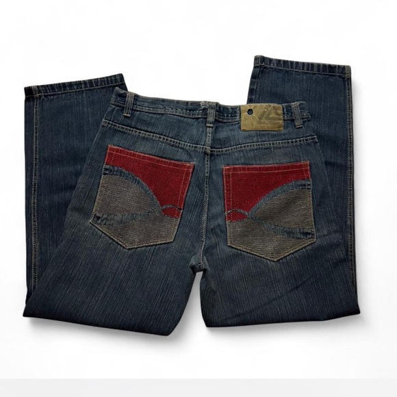 Men's Relaxed Fit Blue Jeans with Red Accent - Picture 2 of 2